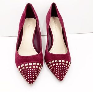 {BCBGeneration}Suede Cap-Toe Gold Studded Pumps